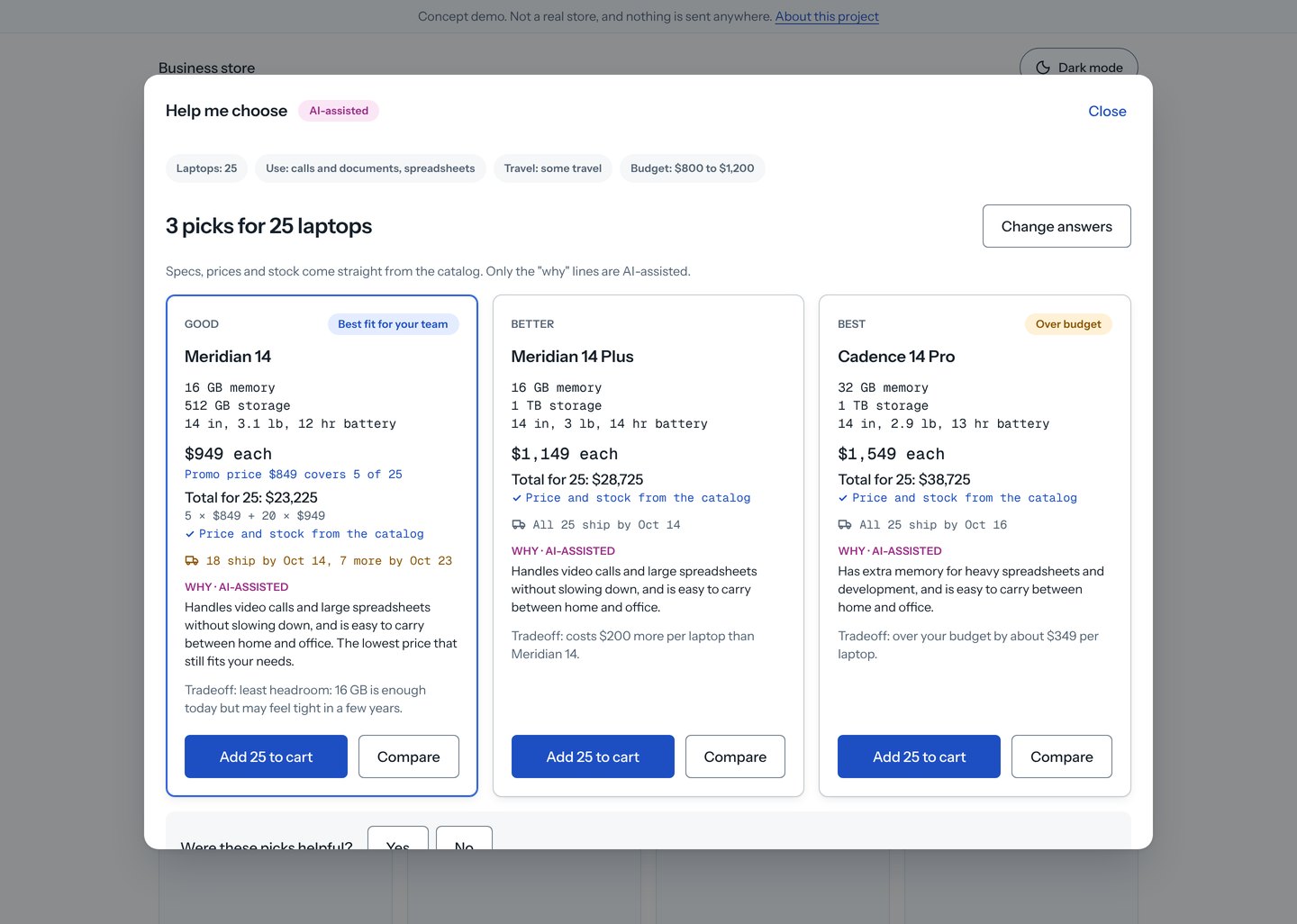 The AI Buying Concierge results screen: three laptop picks priced for a 25-laptop order, with the first marked Best fit for your team