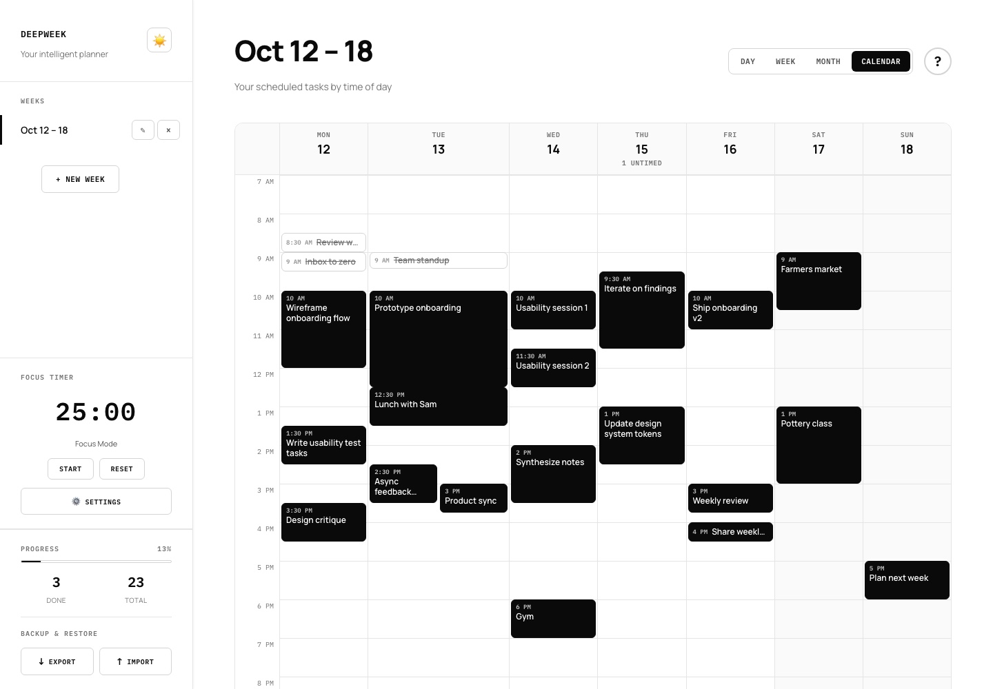 Deepweek (formerly Weekflow) in Calendar view: a week of tasks laid out on an hourly grid, each block sized by its time estimate, with overlapping tasks side by side, finished tasks outlined, and a count of untimed tasks under Thursday, plus the focus timer and progress count in the sidebar